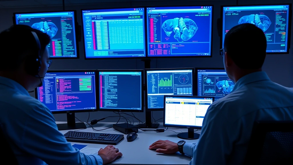 Hospital cybersecurity operations center with security analysts monitoring healthcare system access logs, multiple screens showing network traffic and threat detection dashboards in real-time