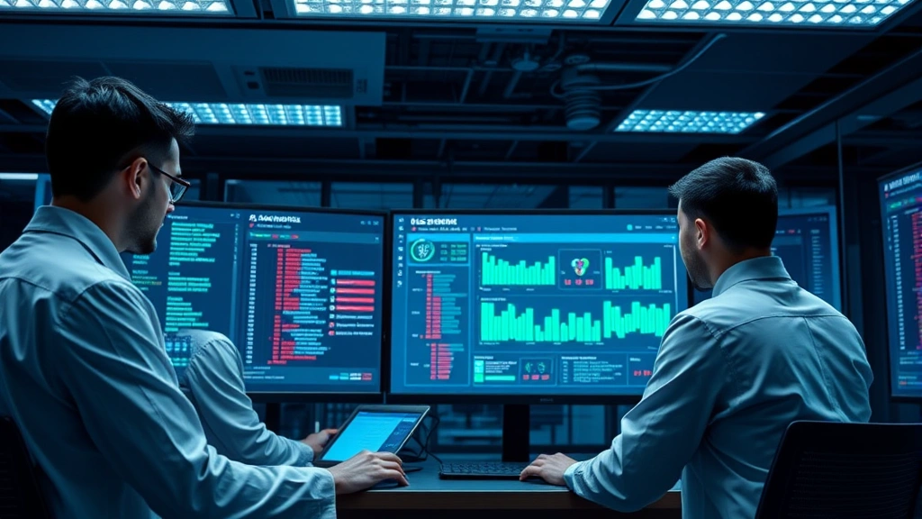Healthcare IT team monitoring network security dashboard with access logs and threat detection alerts, modern data center environment, cybersecurity monitoring and compliance