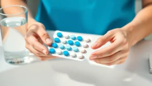 Close-up of hands holding a blister pack of blue and white tablets with a glass of water on a white bathroom counter, photorealistic, bright natural lighting