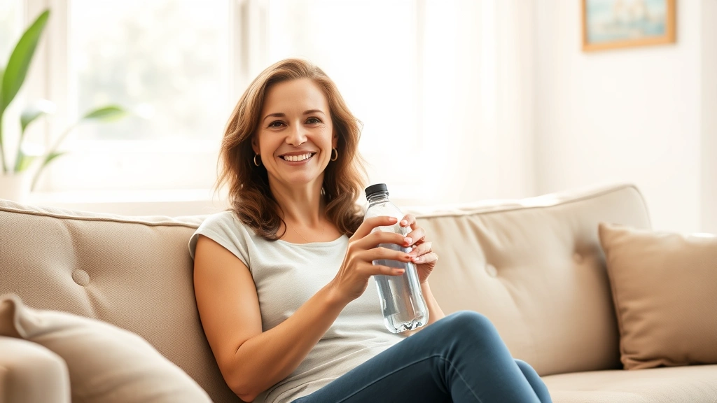 Woman sitting comfortably on a couch smiling, holding a water bottle, sunlit living room background, representing wellness and health management