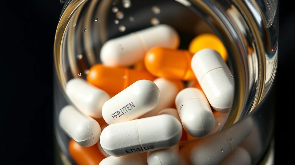 Detailed macro photograph of supplement tablets in a clear glass bottle with water droplets, professional healthcare product photography style