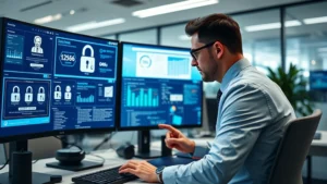 Professional cybersecurity expert analyzing digital banking security on multiple monitors in a modern financial services office, displaying authentication protocols and fraud detection systems