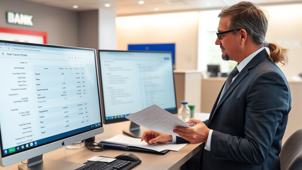 Financial advisor reviewing account statements and security settings in a bank branch, examining transaction history and overdraft protection configuration on computer screen