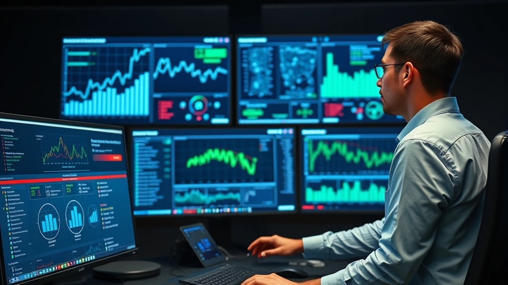 Professional cybersecurity analyst monitoring multiple security dashboards with real-time threat data visualization on large screens, blue and green security metrics displayed, person wearing business casual attire in modern security operations center with dim professional lighting