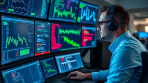 Professional security analyst monitoring multiple digital screens displaying network traffic patterns and threat alerts in a modern SOC environment