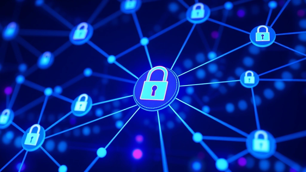 Digital security concept showing interconnected network nodes with lock icons and shield symbols, data flowing through secure encrypted channels, abstract visualization of cyber defense systems protecting information, modern technology aesthetic with blue and purple color scheme