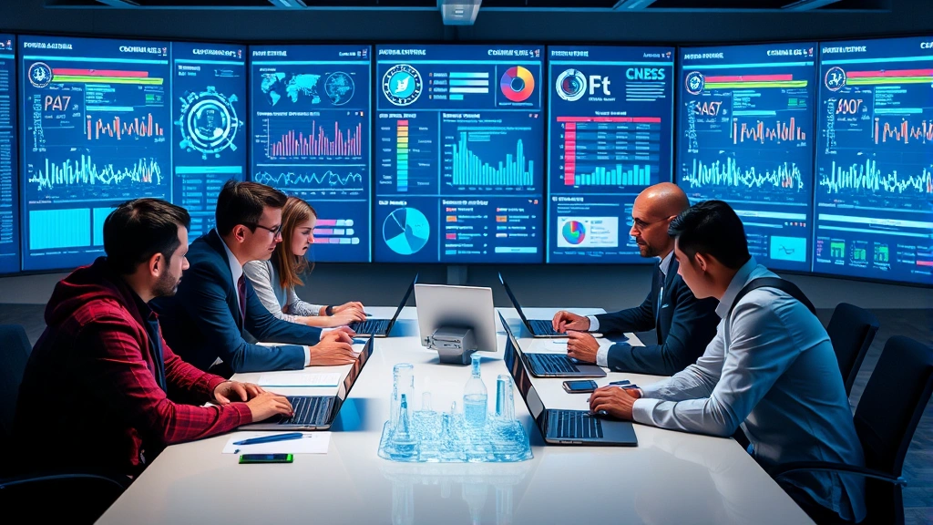 Team of cybersecurity professionals in collaborative discussion around conference table with digital security dashboards visible on background displays