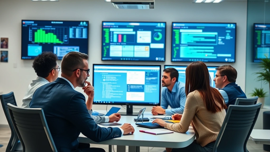 Team of diverse cybersecurity professionals in collaborative meeting reviewing security protocols and threat assessments on multiple monitors, focused expressions discussing defense strategies, modern office environment with cybersecurity-related wall displays