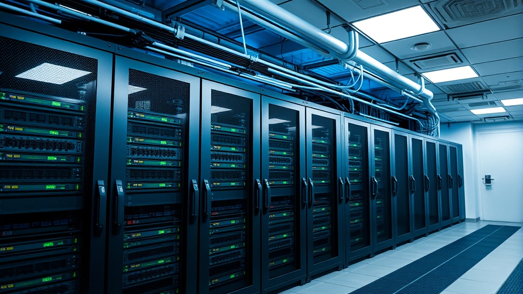 Secure facility server room with professional IT infrastructure, network equipment, and security monitoring systems ensuring data protection