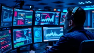 Cybersecurity professional monitoring network security dashboards with multiple screens displaying real-time threat alerts and security metrics in a modern NOC environment, cool blue lighting, focused concentration on digital defense operations