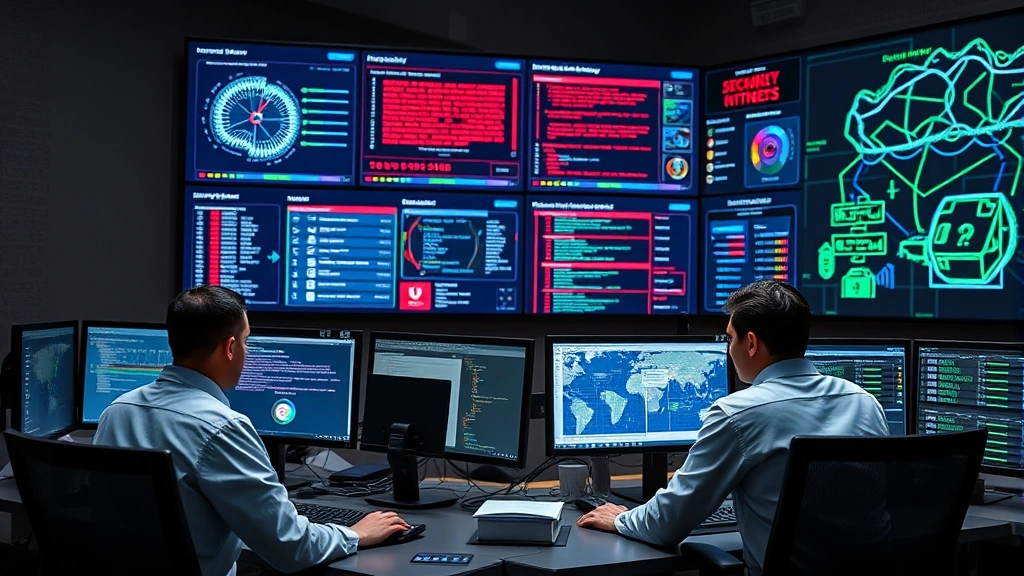 Team of cybersecurity analysts in incident response center examining threat intelligence reports on large wall-mounted displays, collaborative security operations with multiple workstations and network diagrams visible, professional technology environment