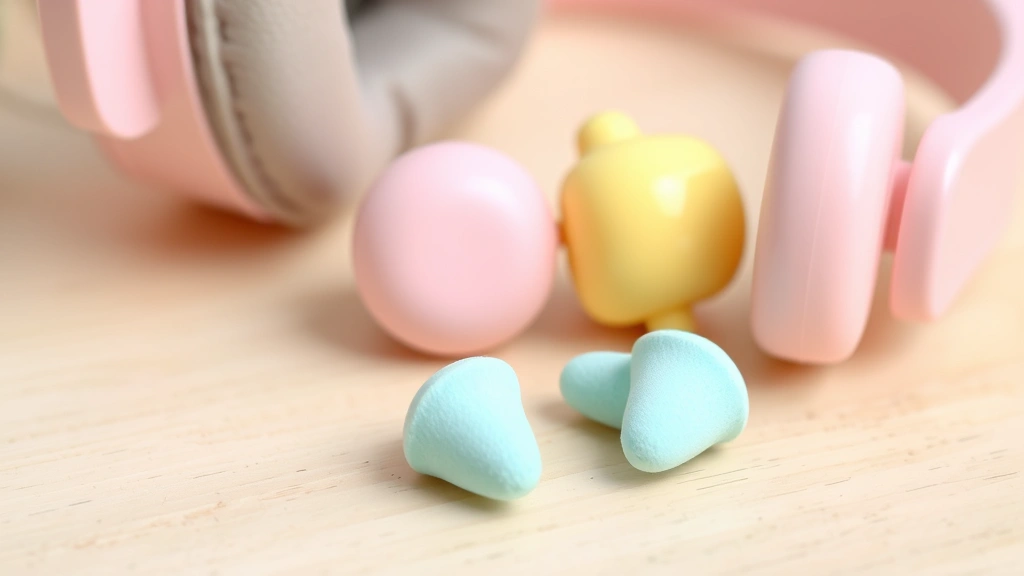 Close-up of soft foam earplugs and infant-sized noise-reducing earmuffs in pastel colors on a light wooden table, photorealistic, no text visible