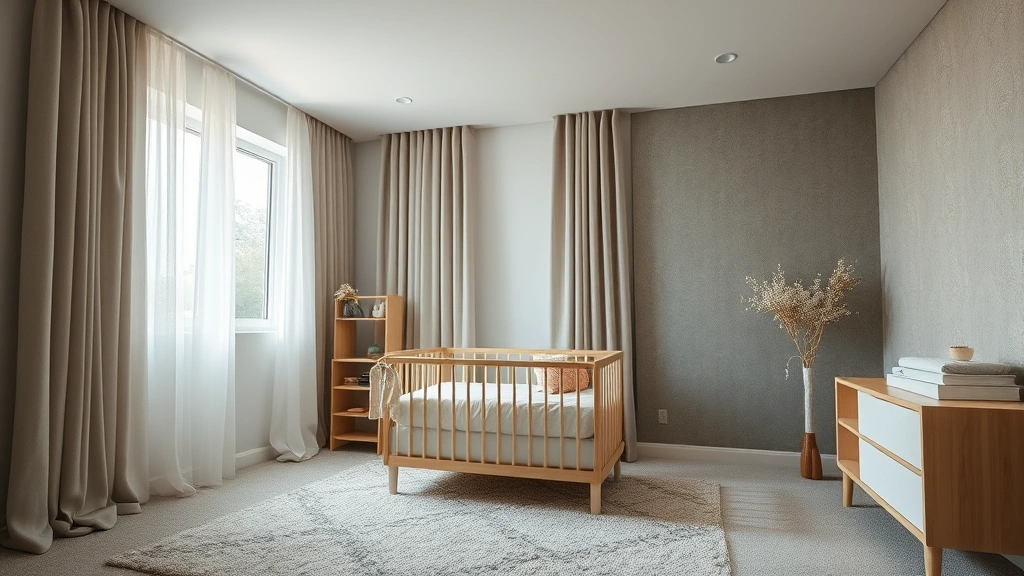 Serene nursery bedroom with thick curtains, soft carpeting, and acoustic foam panels on walls, natural lighting through window, peaceful environment, photorealistic