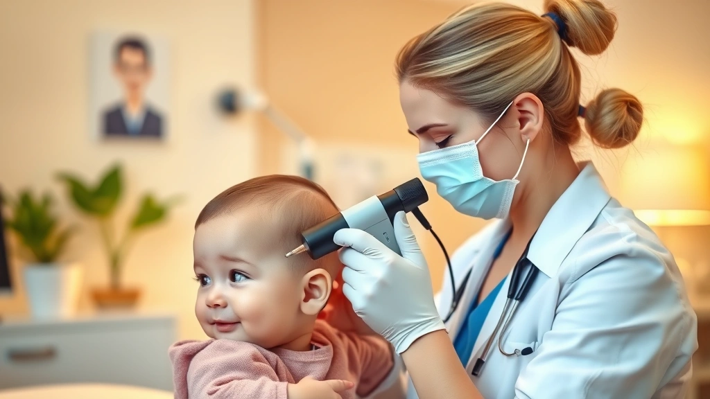 Audiologist examining baby's ear with otoscope during hearing assessment, warm clinical setting with gentle lighting, caring professional environment, photorealistic