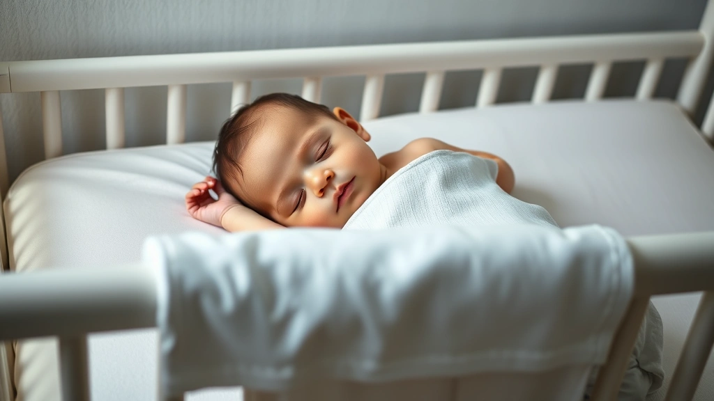 Peaceful sleeping infant with small security blanket nearby on crib rail, soft nursery lighting, showing safe blanket placement away from face, complete bedroom safety setup with firm mattress