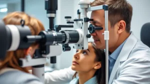 Professional optometrist performing comprehensive eye examination on patient using advanced digital equipment in modern clinical setting, close-up of eye testing apparatus