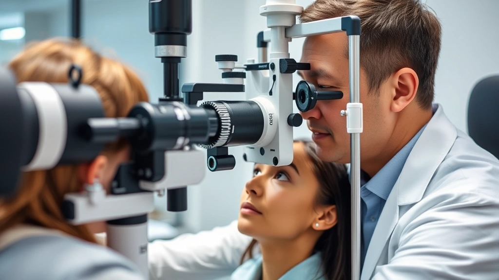 Professional optometrist performing comprehensive eye examination on patient using advanced digital equipment in modern clinical setting, close-up of eye testing apparatus