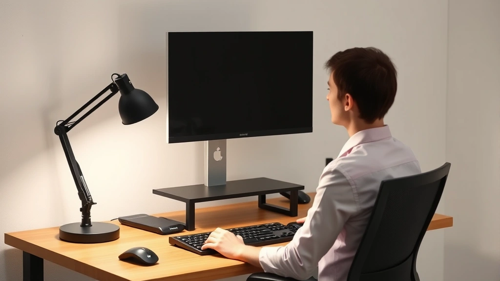 Ergonomic workstation setup showing properly positioned computer monitor at eye level, adjustable desk lamp providing optimal lighting, and comfortable chair supporting correct posture