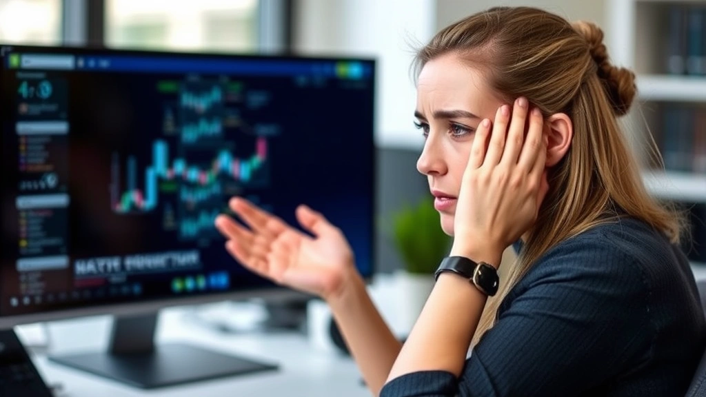 Woman experiencing digital eye strain symptoms while working at desk, showing facial tension and fatigue, with blurred monitor screen in background indicating vision difficulty