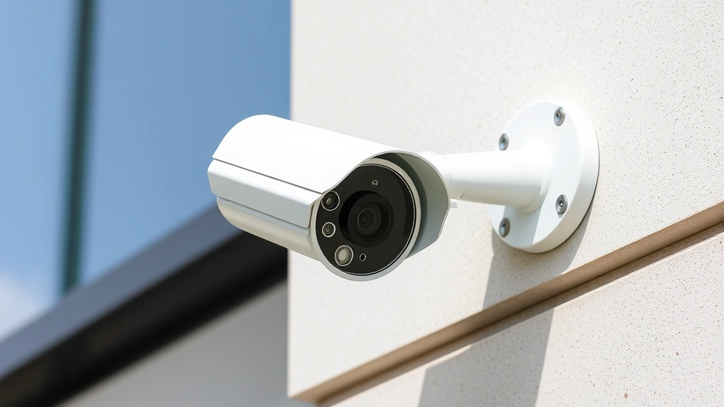 Modern security camera mounted on building exterior, professional installation, clear lens, daylight conditions, no visible text or code