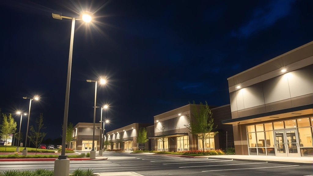 LED lighting installation in commercial facility creating even illumination, no harsh shadows, professional security environment, nighttime outdoor area well-lit