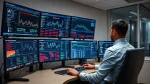 A cybersecurity professional in a modern security operations center monitoring multiple screens displaying real-time threat detection dashboards, network traffic visualizations, and security alerts in a professional office environment