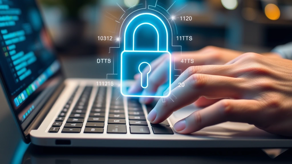 Close-up of hands typing on a laptop keyboard with a digital padlock hologram glowing above the keyboard, representing data encryption and secure access in a modern workspace