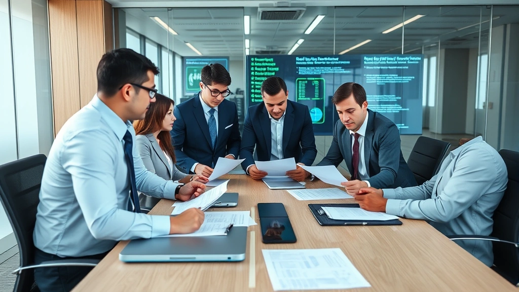 A team of IT security professionals in business attire gathered around a conference table reviewing printed security reports and discussing incident response procedures in a corporate meeting room