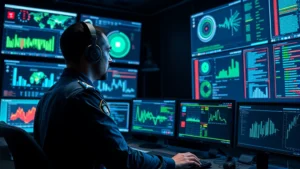 Professional security officer in modern operations center monitoring multiple threat intelligence dashboards and network security systems, displaying focused concentration on cybersecurity monitoring tasks