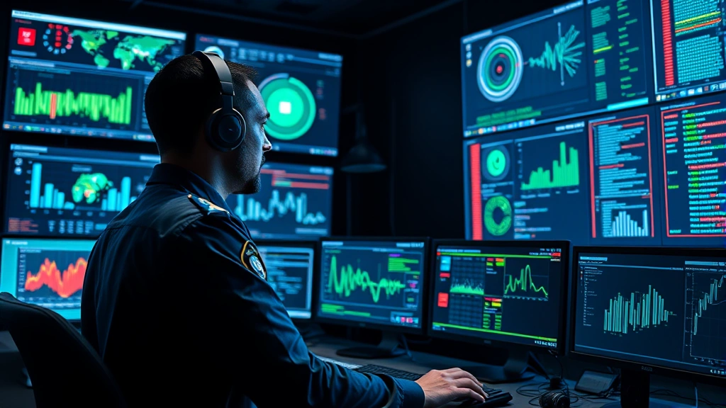Professional security officer in modern operations center monitoring multiple threat intelligence dashboards and network security systems, displaying focused concentration on cybersecurity monitoring tasks