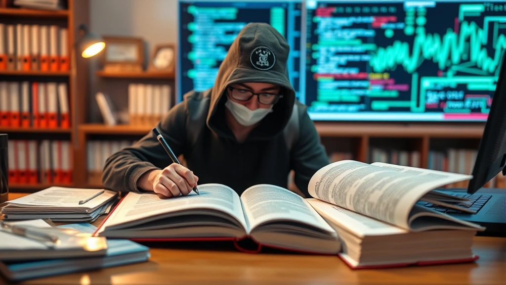 Security professional studying advanced certifications with open cybersecurity textbooks and professional development materials on desk, showing commitment to continuous learning and skill advancement
