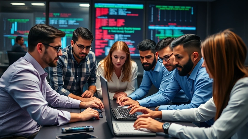 Team of diverse security professionals collaborating in incident response scenario, working together with confidence and expertise during simulated cyber threat management exercise
