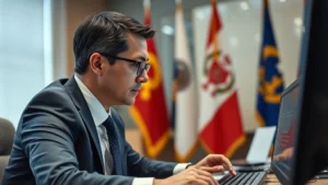 Close-up of diplomat at desk reviewing encrypted communication on secure government computer terminal, professional office setting with flags in background, focused expression analyzing sensitive data