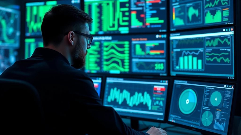 Professional cybersecurity analyst monitoring multiple digital screens displaying network traffic patterns, data encryption algorithms, and security dashboards in a modern command center with blue and green data visualizations, no code visible