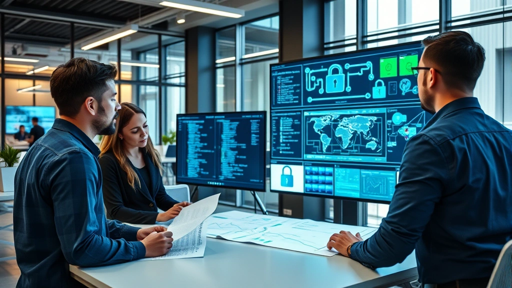 Team of security professionals in a modern office conducting data protection assessment, reviewing network architecture diagrams and security compliance documentation on large displays, collaborative workspace environment