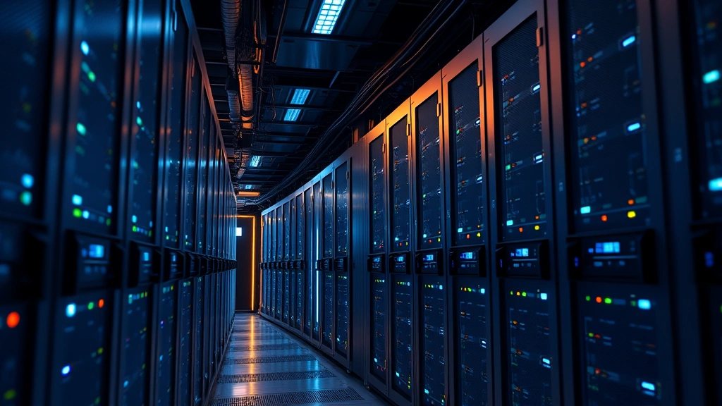 Advanced data center with secure server infrastructure, glowing fiber optic connections, and physical security measures including biometric access controls, representing enterprise-grade data protection and backup systems