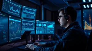 Cybersecurity professional analyzing data protection metrics on multiple monitors in a secure operations center with blue lighting, showing charts and compliance dashboards