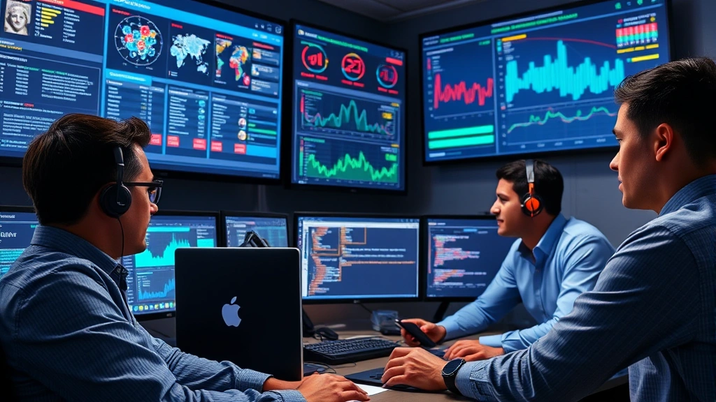 Incident response team members collaborating in a security operations center with wall displays showing threat intelligence dashboards and attack timelines, professional setting