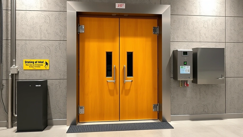 High-security reinforced door installation with multiple protective measures, heavy-duty hinges with security upgrades, access control integration, modern facility protection setup, no identifying information