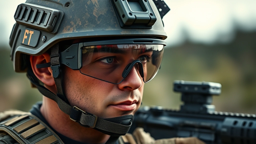 Professional tactical operator wearing advanced ballistic eyewear during outdoor training exercise, demonstrating proper fit and integration with tactical helmet system, photorealistic detail of protective lens clarity and frame construction