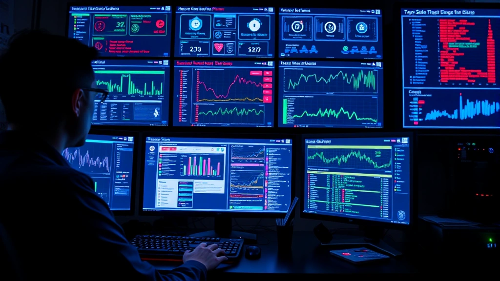 Cybersecurity analyst monitoring multiple screens displaying real-time threat detection dashboards, network traffic visualization, and security alerts in a professional banking security operations center with blue and green indicator lights