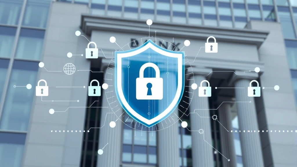 Modern bank building with digital security shield overlay, padlock symbols, and encryption indicators representing comprehensive financial data protection and cyber defense infrastructure