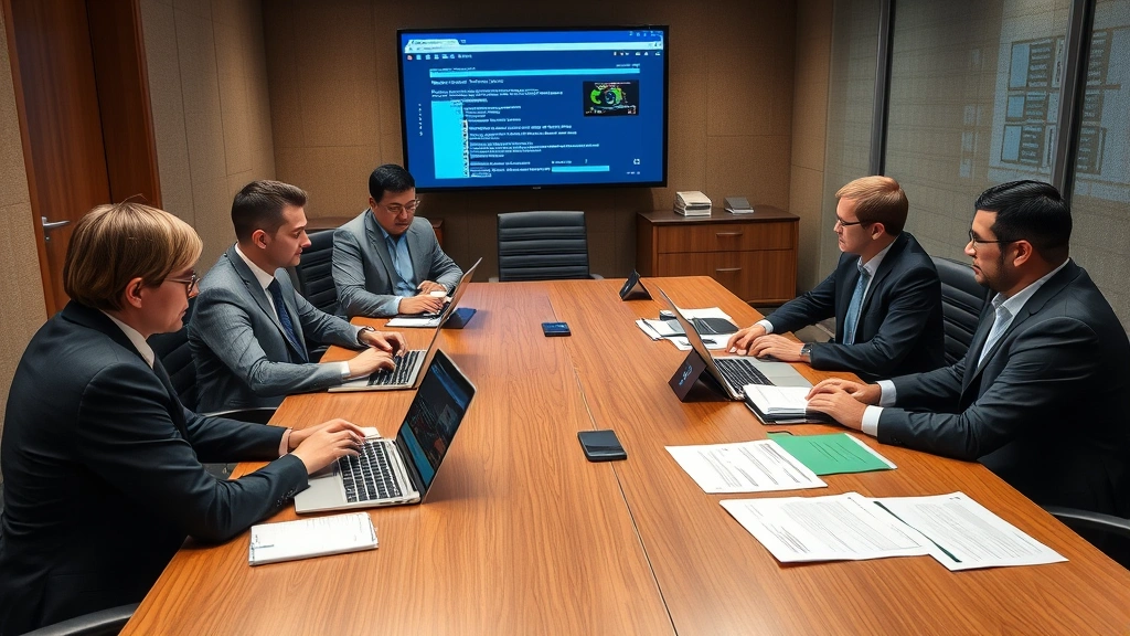 Financial professionals in secure conference room reviewing security audit reports, compliance documentation, and incident response procedures on laptops and printed documents