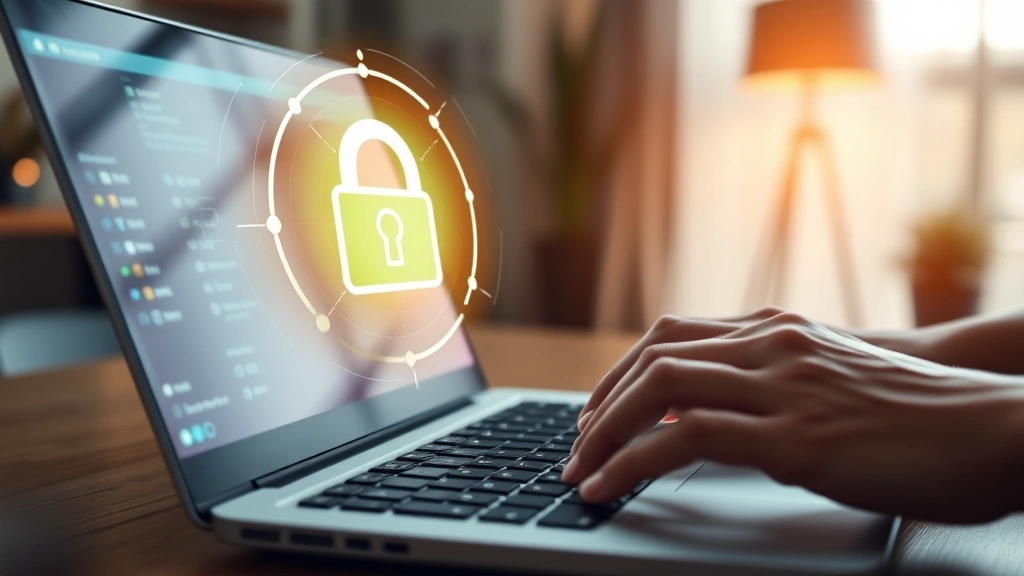 Person typing on laptop with secure padlock icon glowing above keyboard, modern home office environment, hands-on keyboard, warm ambient lighting, cybersecurity visualization