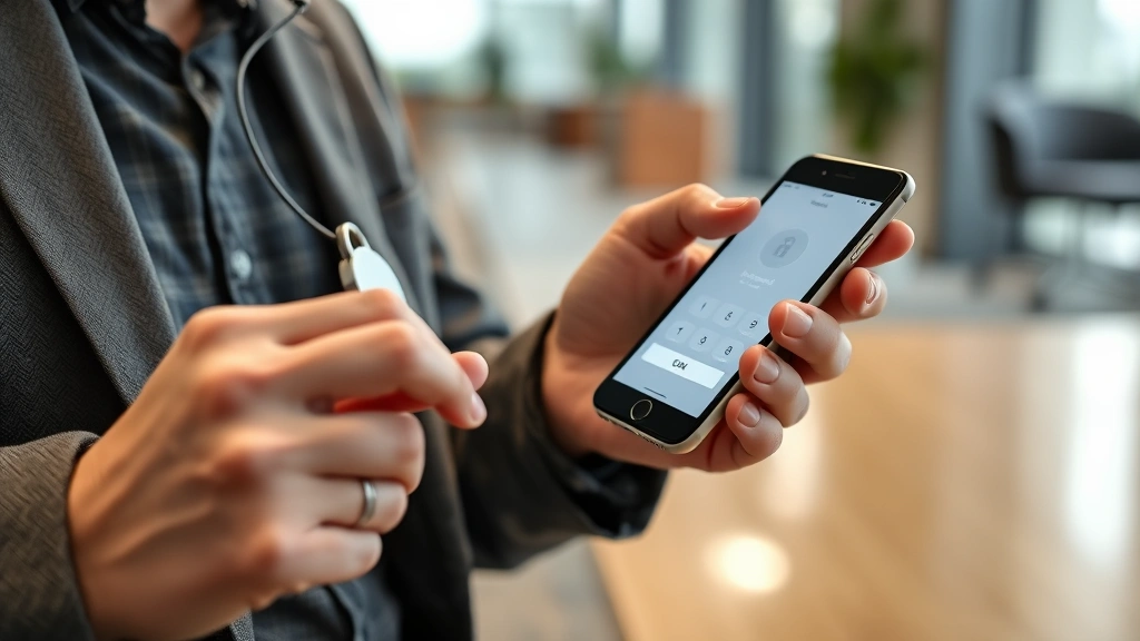 Person using smartphone with security key attached, entering multi-factor authentication code, modern office setting, emphasis on hardware security tokens and mobile banking