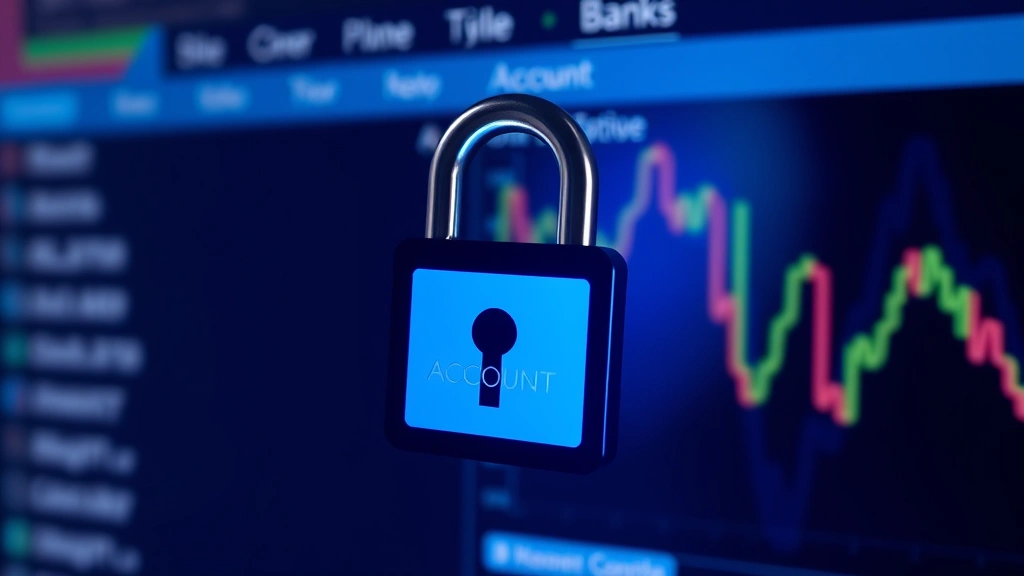 Padlock symbol overlaid on banking interface showing account protection, encrypted connection indicator, secure transaction representation, blue security theme