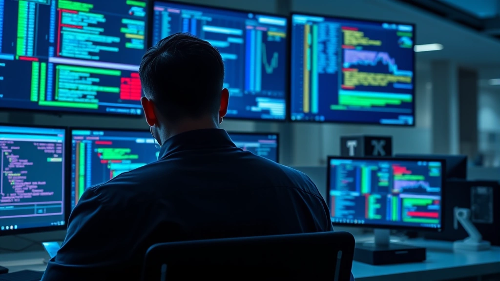 Photorealistic image of a cybersecurity expert monitoring multiple screens displaying network traffic and security alerts in a modern bank security operations center, blue and green data streams visible on displays, professional office environment, no text or code visible