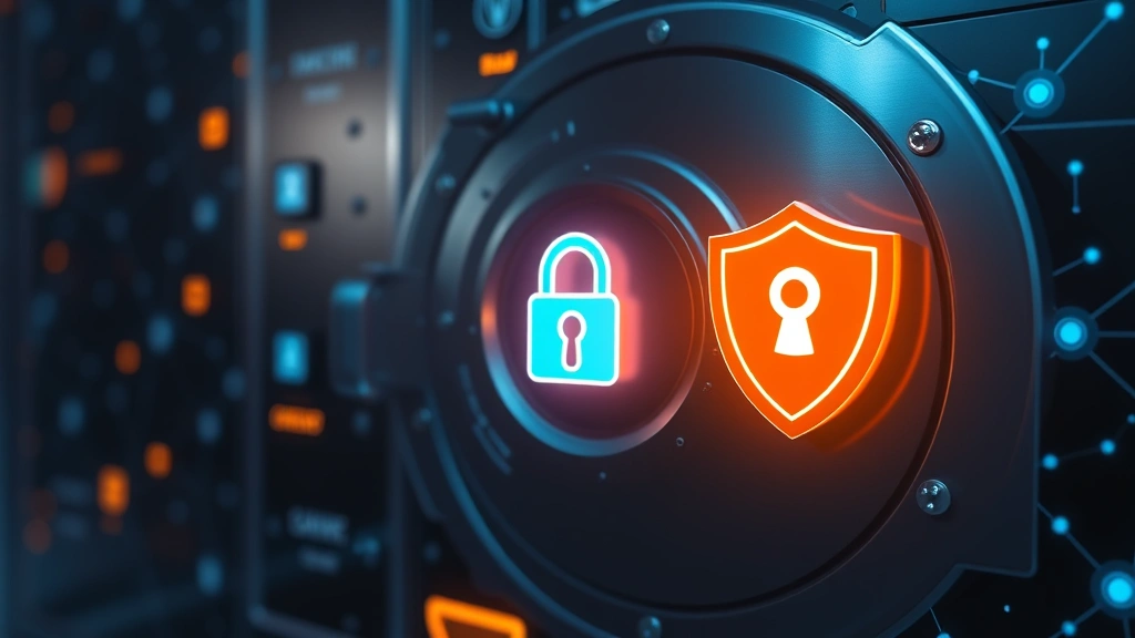 Photorealistic photograph of a digital security vault with glowing padlock symbols and shield icons protecting financial data, abstract network nodes and connections in background, dark blue and silver color scheme, no readable text