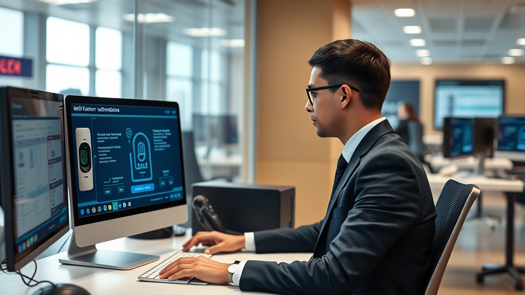 Photorealistic image of a bank employee at a modern workstation with biometric security scanner and multi-factor authentication interface on screen, secure corporate environment, professional lighting, no visible sensitive data or passwords