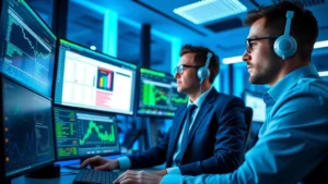Cybersecurity professional analyzing financial threat data on multiple monitors in modern banking security operations center with blue ambient lighting, professional attire